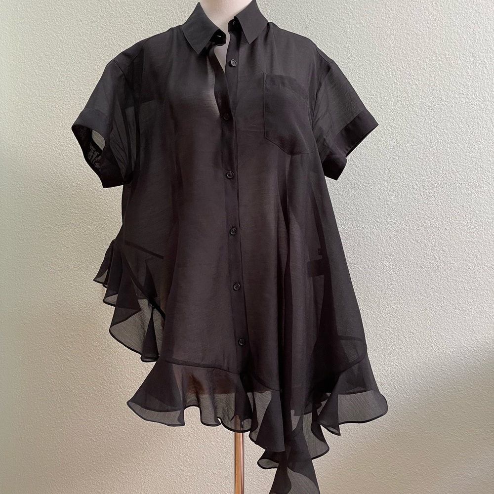 J KOO FOR BARNEYS NEW YORK RUFFLE BLOUSE SHIRT TOP BLACK ASYMETRICAL S
